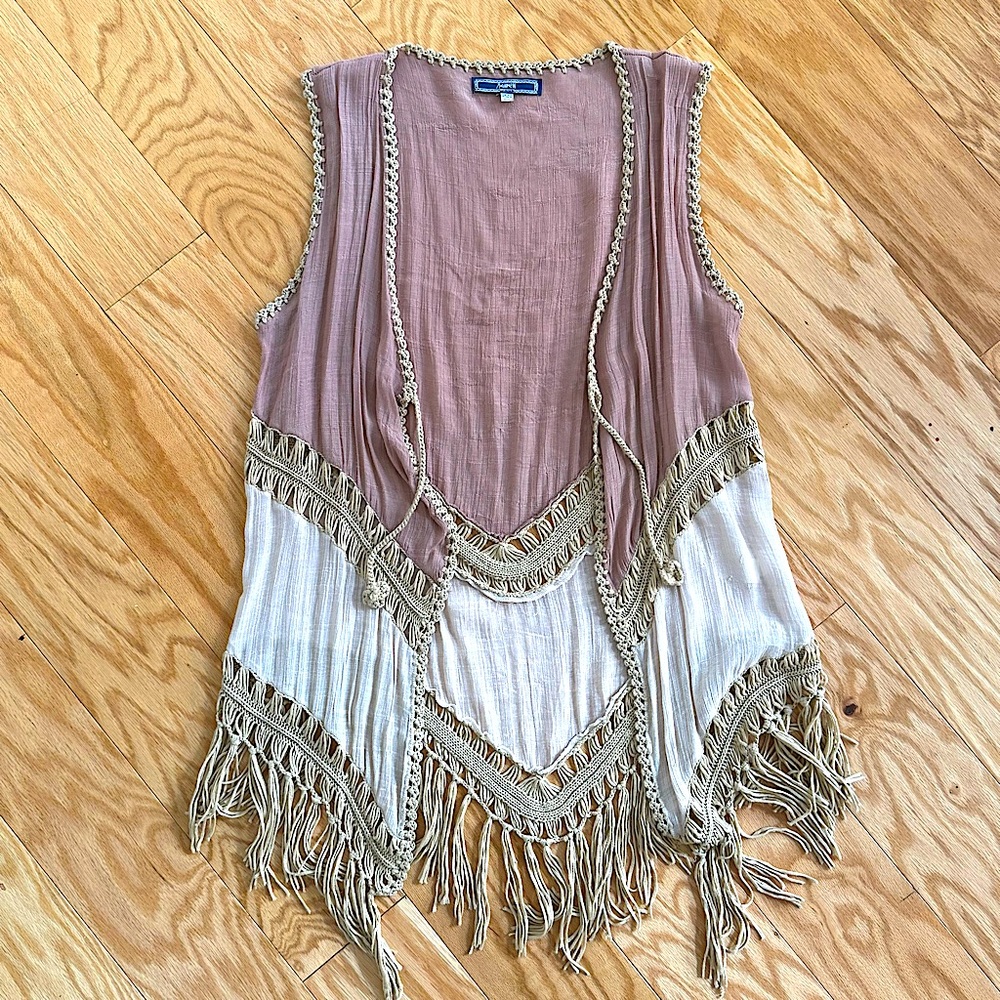 Crochet Detailed Open Front Duster Vest, Cream, Tan, Beige- OS (One Size)